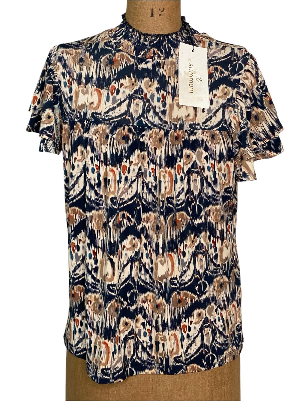 Summum Navy Multicolor Abstract Print Short Sleeve Top
